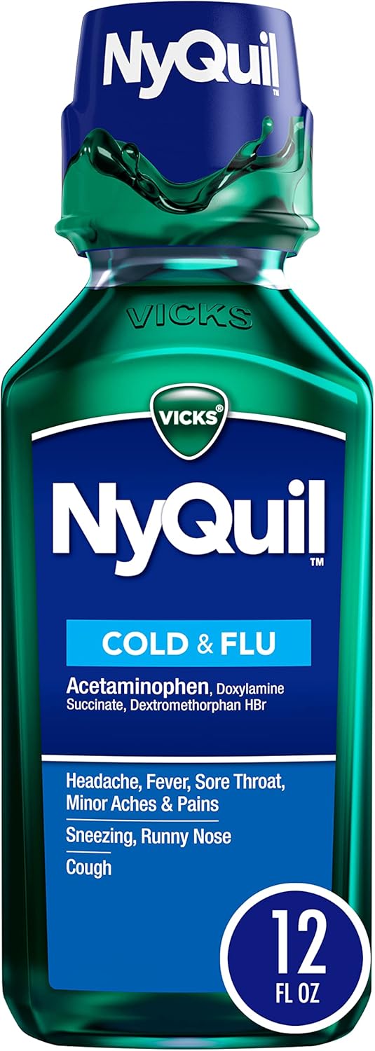 Vicks NyQuil, Nighttime Cold & Flu Symptom Relief, Relives Aches, Fever, Sore Throat, Sneezing, Runny Nose, Cough, 12 Fl Oz, Original Flavor