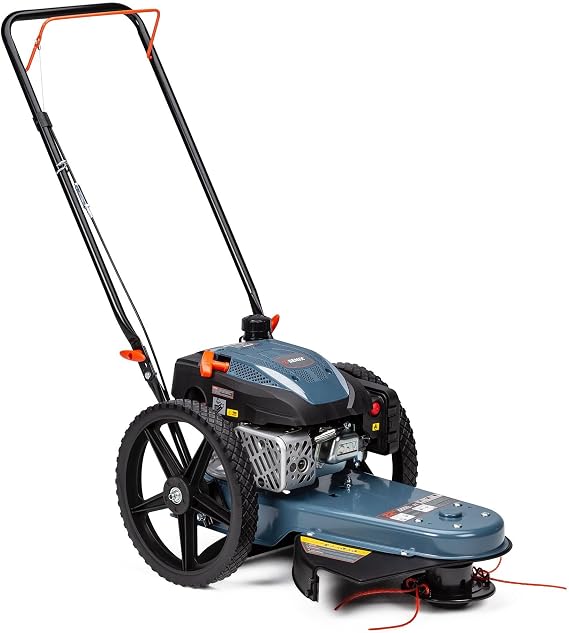 SENIX High Wheel Gas Walk Behind Brush Cutter and String Trimmer, 22-Inch Swatch with .155-Inch Line, 160 cc 4-Cycle Engine, Steel Deck, 14" Rubber Wheels, Adjustable Height (STMG-L)