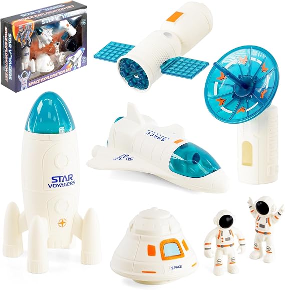 The Magic Toy Shop Space Exploration Set 7 Pcs Including 2 Astronaut, Toy Rocket, Space Shuttle - Kids Space Toys with Spaceship, Space Rocket Toys for Children, Space Gifts for Kids
