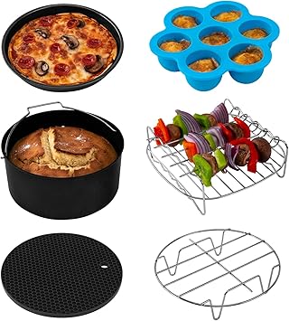 COSORI Air Fryer Accessories, Set of 6 Perfect for Most 5.0 Qt and Larger Ovens, Cake & Pizza Pan, Metal Holder, Rack & Skewers, etc, BPA Free, Nonstick, Dishwasher Safe, 5.8 QT, Black