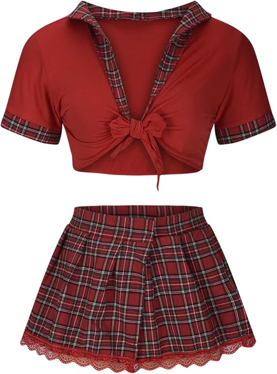 Women Schoolgirl Lingerie Sexy Roleplay Student Costumes Lingerie Set Crop Top and Mini Plaid Skirt Uniform Outfits