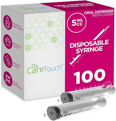 Care Touch 100 Pack 5 ml Syringes Without Needle - Disposable Oral Syringe with Luer Slip Tip - Liquid Medicine Syringes for Children, Babies, Infants, Pets - Individually Wrapped and Leak Resistant