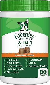 Greenies Dog Supplements 8-in-1 Multi-Benefit Chicken Flavor, 15.5 oz. Container, 80 Count