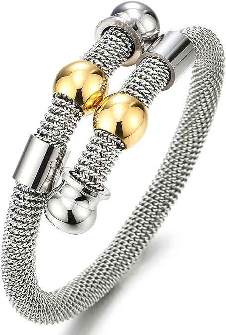 COOLSTEELANDBEYOND Ladies Stainless Steel Cuff Bangle Bracelet with Silver Gold Two-Tone Charms Polished