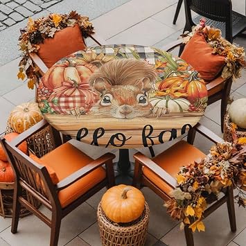 Round Fitted Tablecloth Squirrel Pumpkin Autumn Sunflower Farm Harvest Washable Waterproof Elastic Table Covers for Camping Indoor Dining Table Protector Vintage Wood Board Fits 45-54" Tables
