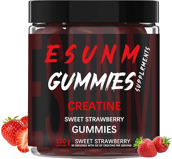 ESUNM Sweet Creatine Strawberry Gummies,Monohydrate Per Serving, No Sugar or Artificial Colors,Low-Calorie, Vegan & Halal, Blue Raspberry Flavor(150 Count)