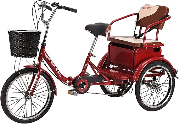 Three Wheel Bike Adult Tricycle Foldable 6 Speed 20 Inch Trike Bike Bicycle Red 3-Wheel Bicycle Adjustable Backrest Seat for Picnic Shopping Work Men Women Cycling Pedalling