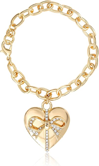 Juicy Couture Crystal Bow Wrapped Puffy Heart Charm Bracelet for Women 8"