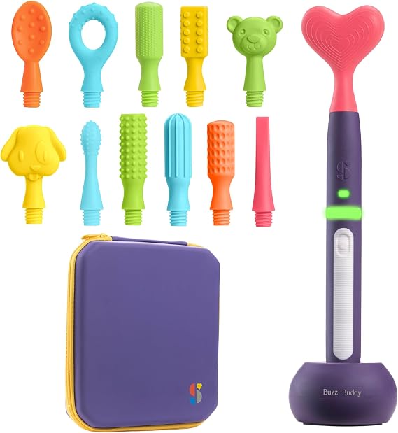 Special Supplies Rechargeable Buzz Buddy Oral Motor Stimulation kit with 12 Soft Textured Interchangeable Heads, Calm Sensory Needs, Support Speech, and Stimulate Self Feeding (Purple)