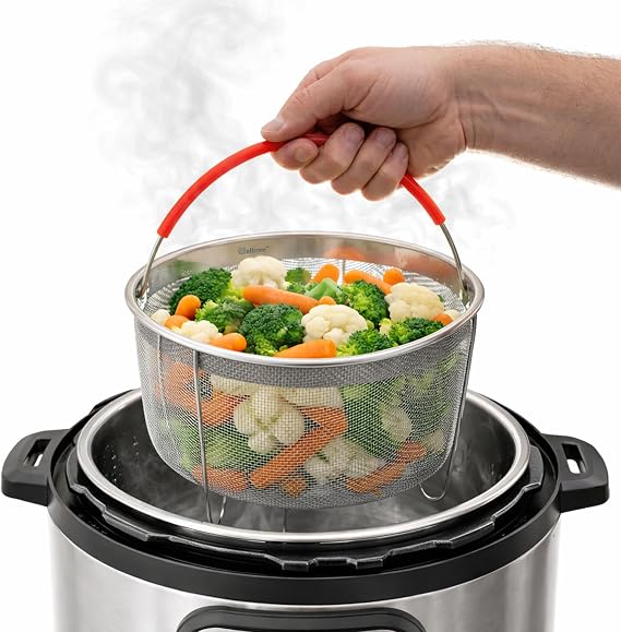 Salbree Steamer Basket for 3qt Instant Pot and Many Other Pressure Cookers | Stainless steel strainer insert with silicone handle fits the 3qt Instant Pot and most air fryers.  in 3 different sizes