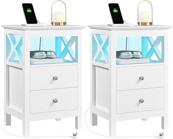 Yaheetech Set of 2 Farmhouse Bedside Tables with 2 Drawers, White