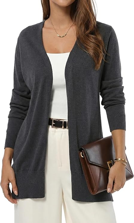 QUALFORT Women's Lightweight Open Front Cardigan Long Sleeve Soft Cotton Knit Sweater for Work Travel and Daily Wear