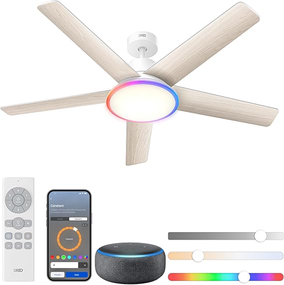 DREO Smart Ceiling Fan with Lights, 52 Inch, 12 Speeds & 3 Fan Modes, RGBIC Light for Living Room, Dimmable, 22dB Quiet DC Motor, Remote/APP/Alexa Control, White Ceiling Fans Indoor, 2026 Upgraded