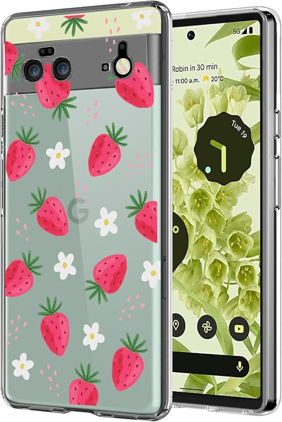 Cute Strawberry Case for Google Pixel 6 with Kawaii Little Daisy Design,Clear Slim Soft TPU Shockproof Protective Cover Compatible for Google Pixel 6 Case for Women Girls Kids (6.4inch)