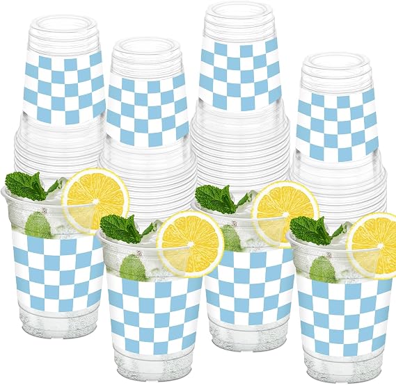 50Pcs Light Blue and White Checkered Cups, 12oz Light Blue Gingham Party Cups Blue White Checkered Clear Plastic Cups for Wedding Home Supplies Birthday Gender Reveal Party Decorations