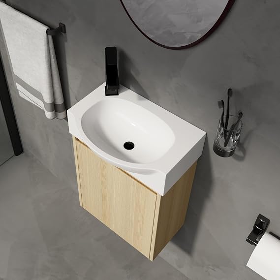 16 Inch Floating Bathroom Vanity for Small Space,16" Bathroom Vanity with Sink,Modern Single Sink Vanity Combo,Brown Wall Mounted Cabinet Set