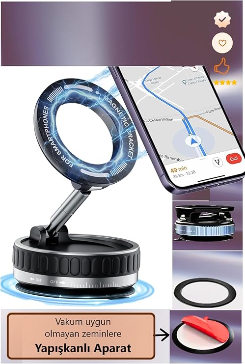 DUFFA Magsafe Uyumlu Manyetik Araç Telefon Tutucu - Güçlü Vakumlu ve Yapışkanlı Sabitleme Mekanizması, 360° Dönebilen Katlanabilir Torpido ve Cam Üstü Telefon Tutacağı