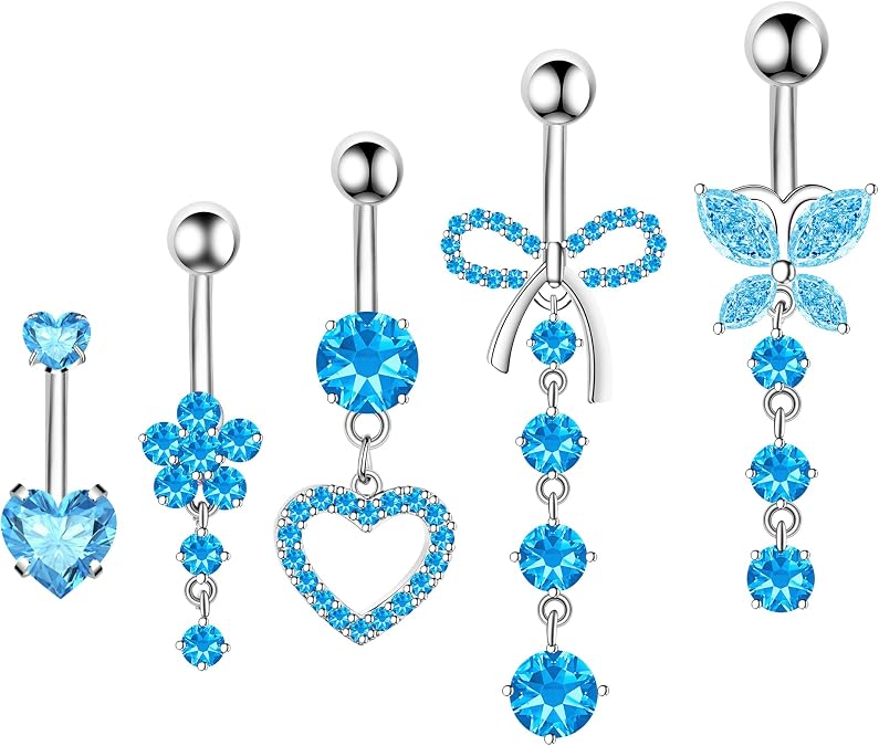 BSJ4U Belly Button Ring Dangle Navel Belly Piercing Jewelry Cute Pink CZ Heart Butterfly Bow Flower Navel Belly Rings for Women 14G Silver Stainless Steel Dainty Dangly Dangling Belly Button Piercing