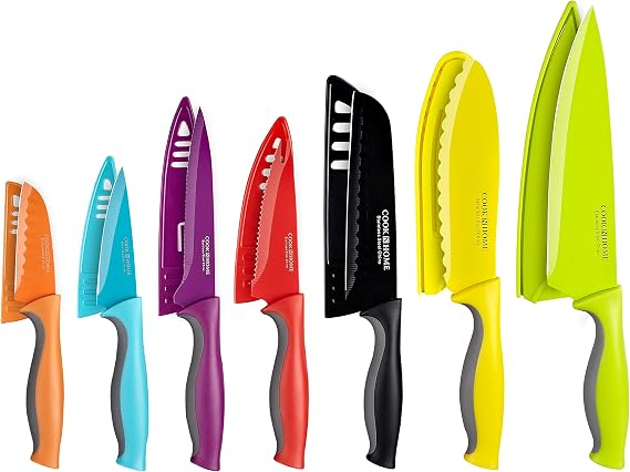 Cook N Home Basics Cutlery Kitchen Knife Set, Coated Carbon Stainless Steel Knife Set with Sheaths, Non-stick Sharp Blades, Multicolor, 14-Piece with Ergonomic Handles