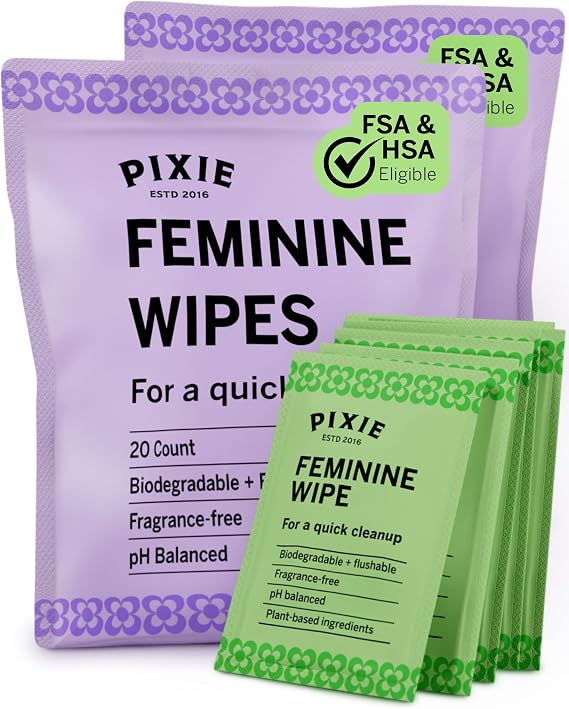 Pixie Feminine Wipes - Flushable, Biodegradable, Ph Balanced - Individually Wrapped Packet Wipes for On The Go & Public Bathrooms - Wash & Cleaner For Your Menstrual Cups & Discs (2 Packs of 20)