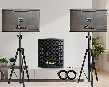 IPS-700 10" 3 Way 1200W Professional High Fidelity Vocal Karaoke Speakers with 1200W Super Bass Subwoofer and Stands Combo