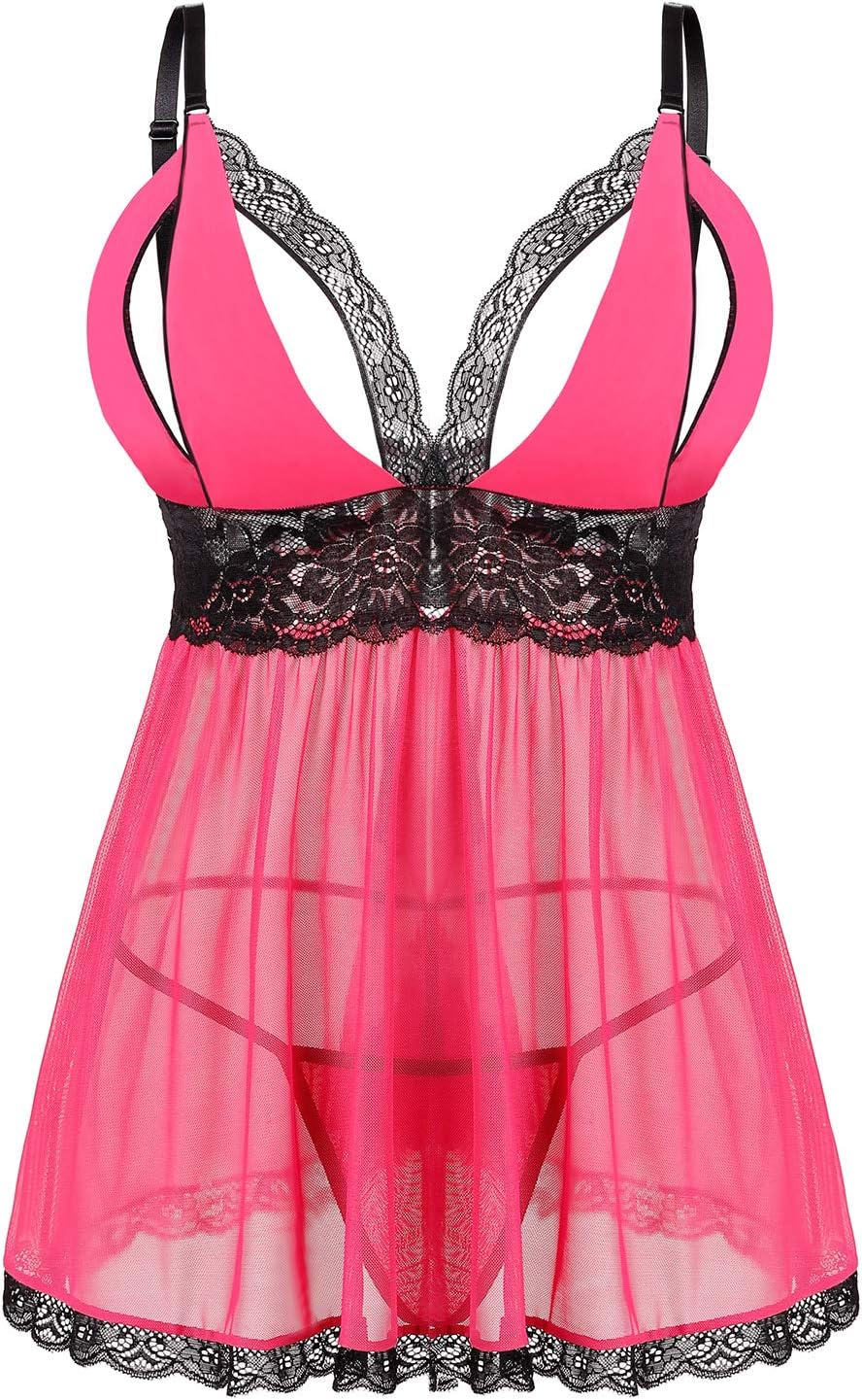 Donnalla Women Plus Size Lingerie Set Sexy Lace Babydoll Lingerie Dress Chemise Sleepwear with Thong