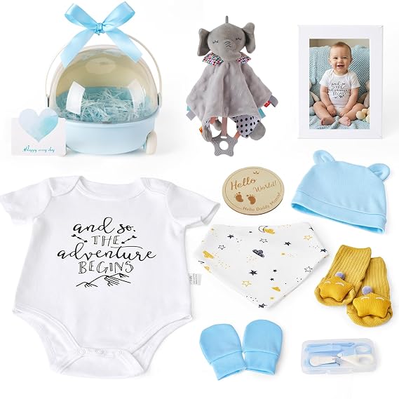 Baby Shower Gifts for Boys 12-in-1 Baby Boy Gift Set for Newborn, Premium Gender Reveal Gifts for New Parents, with Elephant Lovey, 100% Cotton Onesie, Photo Frame & Carriage Storage Case