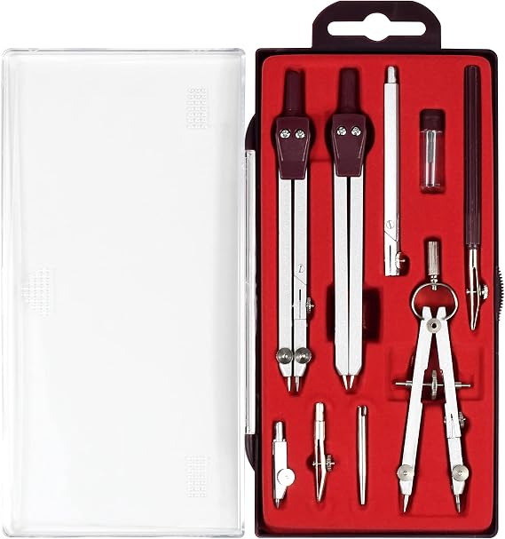 UNJOO 9Pc Geometry Set Metal Compass, Geometry Precision Tool (Red) | Circle Drawing Tool and Architecture, Drafting Kits for Engineer with Shatterproof Storage Box