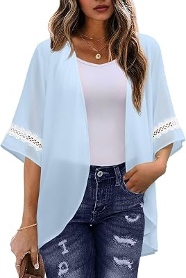 QIXING Womens Kimono Beach Cover Up Chiffon Cardigan Tops Loose Capes Light Blue-S, Small