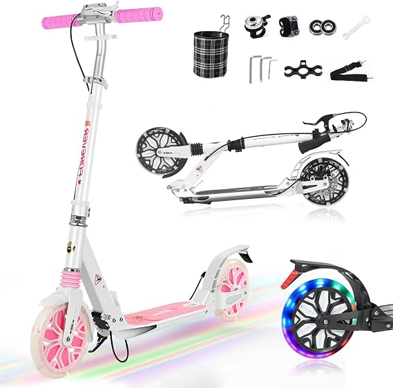 Scooters for Kids, Teens & Adults 300 lbs w/PU Flash Wheels- Foldable Big Wheel Scooter with Adjustable Height & Shock Absorption, Carry Strap, Front handbrake& Rear Brake, Gift & Toy