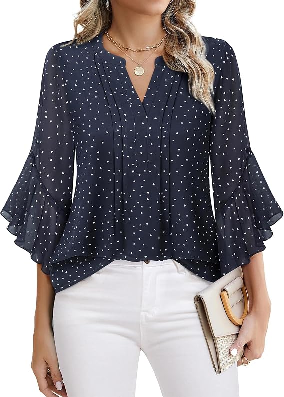 Women's 3/4 Sleeve Tops Dressy Casual Blouses for Women Chiffon Shirts Business Casual Tops for Work Ladies Dress Shirts