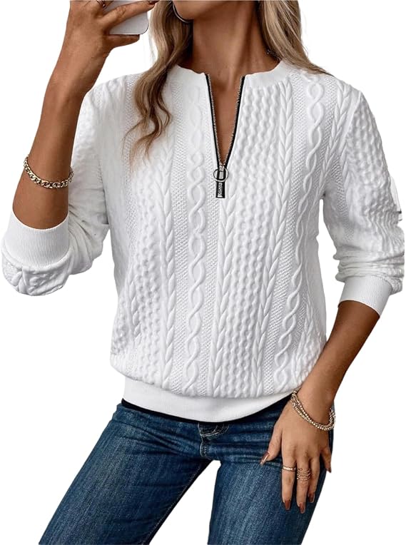 XNC Womens Sweatshirts Quarter Zip Long Sleeve White Textured Pullover Tops