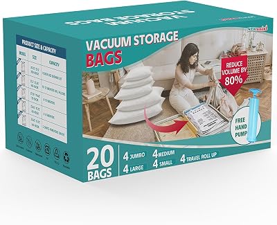 20 Pack Vacuum Storage Bags, Vacuum Seal Bags for Clothing, Comforters, Blankets, Space Saver Vacuum Storage Bags with Hand Pump. 4Jumbo, 4Large, 4Medium, 4Small, 4Roll
