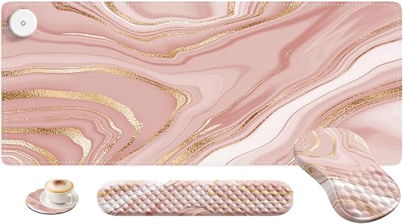 HAOCOO 4 in 1 Heated Desk Pad, Mouse Pad Wrist Support and Keyboard Wrist Rest with Coaster Set, Memory Foam Ergonomic Mousepad with Non-Slip PU Base for Home Office, Rose Gold Pink