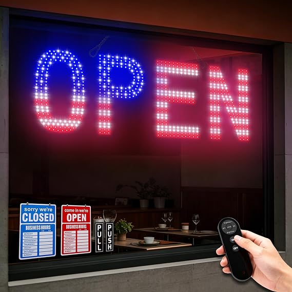 LED Open Sign 30x10 Remote Dimmable 12 Modes US Flag for Business Window