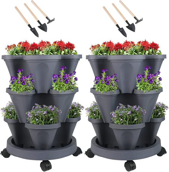 3 Tier Stackable Garden Tower Planters - Strawberry, Herb, Flower & Vegetable Planter - Indoor/Outdoor Gardening Pots with Removable Wheels and Tools