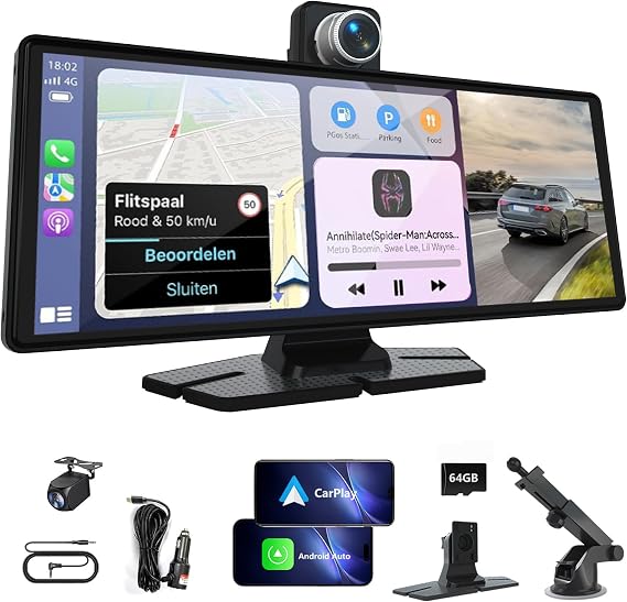 VNEIMQN 10.26" HD Carplay Screen for Car, Portable Wireless Apple Android Auto Car Play Stereo with Voice Control, 4K Dashcam, 1080P Backup Camera, Mirror Link, Bluetooth GPS