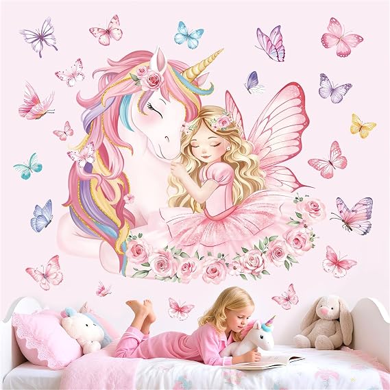 decalmile Unicorn Pink Fairy Butterfly Wall Decals Stickers