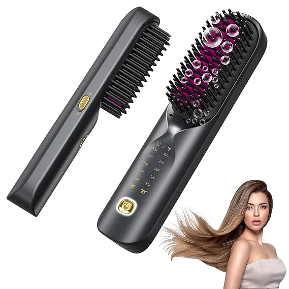 Cordless Hair Straightener Brush - Portable Hair Straightening Brush for Travel - 300M Negative Ions for Frizz-Free Shine, Touch Up On-The-Go, Fast Heating, Gift for Women, 10,000mAh, Charcoal Black