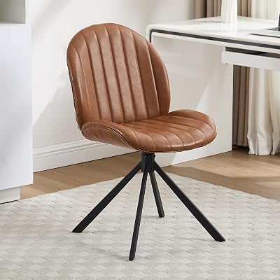 19 Faux Leather Swivel Office Chair No Wheels, Upholstered Armless Modern Desk Task Criss Cross Chair Legged No Wheels and No Arms, Swivel Vanity Chairs for Bedroom Office, Brown