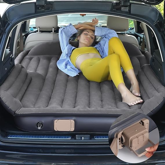 KMZ Inflatable Air Mattress with Built-in Electric Pump - Self-Inflating/Ventilating Mattress in 90 Seconds - Flock Coated Car Air Mattress with Carry