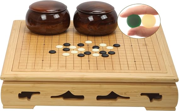 VPH Compact Go Game Set with Frame - 0.8'' Bamboo Reversible 19x19 Board, Old Yunzi Single-Convex Stones & Spruce Wood Jars