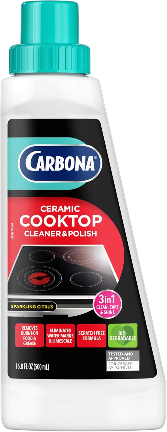 Carbona Ceramic Cooktop Cleaner | Grease & Burnt-On Food Remover | Non-Abrasive Formula | 16.8 Fl Oz, 1 Pack