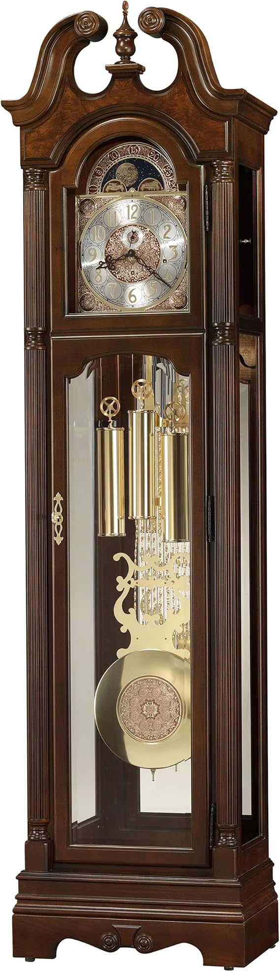 Howard Miller Armstrong Floor Clock 547-076 Cherry Bordeaux Grandfather Vertical Decor with Illuminated Case & Cable-Drive Single-Chime Movement