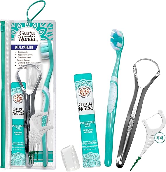 GuruNanda Travel-Friendly Oral Care Kit- 1 Butter on Gums Toothbrush, 1 Tongue Scraper, 4 Dual-Action Floss Picks, 1 Coconut & Mint Oil Pulling Sachet
