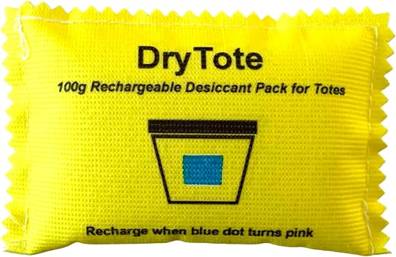 DryTote Rechargeable Desiccant Pack, Color Indicating Silica Gel Moisture Absorber for Storage Bins, Totes, Suitcases & 3D Printer Filament, 100g