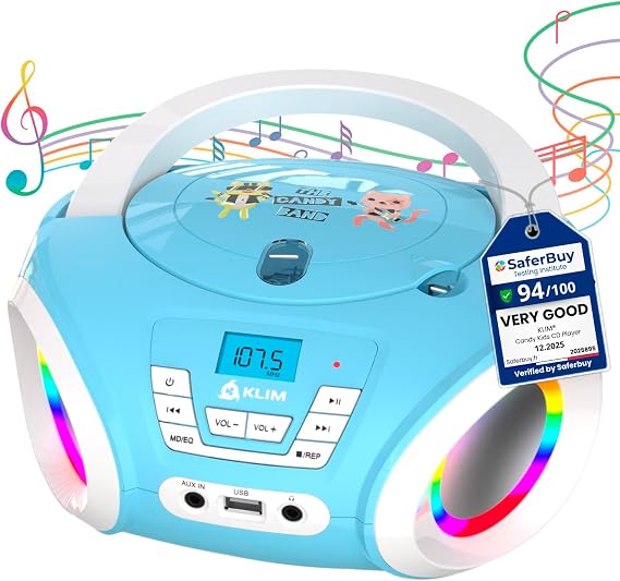 KLIM Candy Kids CD Player for Children - FM Radio - Includes Batteries - Boombox Portable - CD Player Children - with Speakers, Toddlers (Blue)