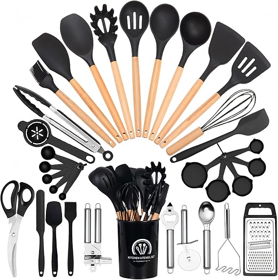 Cookware Set, 34-Piece Silicone, Kitchen Tool Set, Living Alone, Kitchen Supplies, Housewarming Celebration, Mother's Day Gift, Heat Resistant, Durable, Wooden Handle, Suitable for Japanese and Western Cooking, Antibacterial, Scratch-Resistant, Spatula, Ladle, Tongs, Spoon, etc. Color: Black