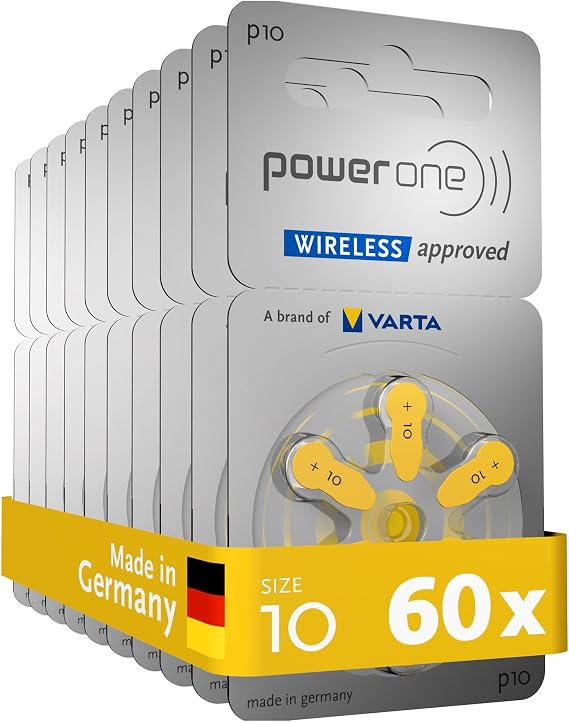 Power one Horgeratebatterien Typ 10 gelb, Batterien 60 Stuck Vorratspack, wireless approved, Groe p10 fur Horgerate und Horhilfen, high hearing level, quecksilberfrei, Made in Germany