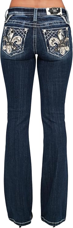 Miss Me Women's Cowhide Fleur de Lis Embellished Pockets Mid-Rise Bootcut Jeans